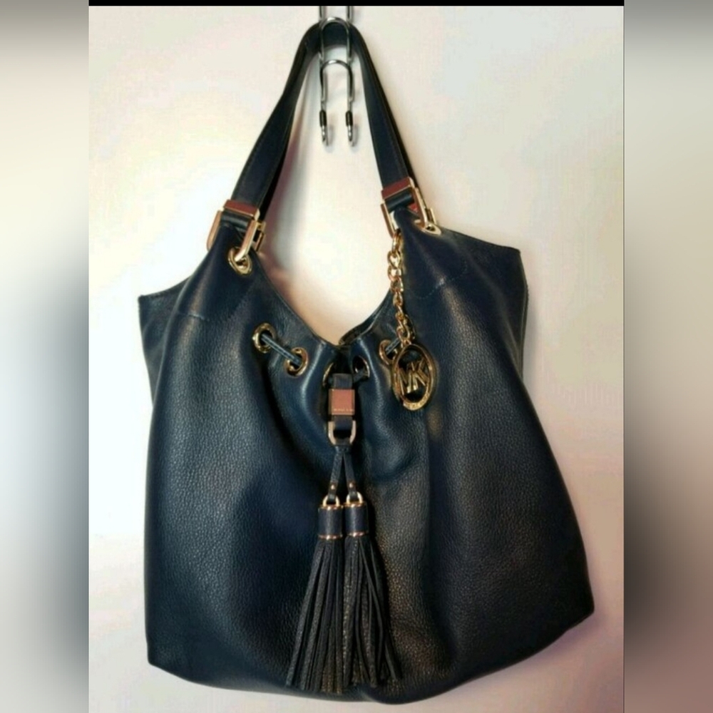 MICHAEL Michael Kors Camden Navy Leather Drawstring Shoulder Bag w/ Large Tassel